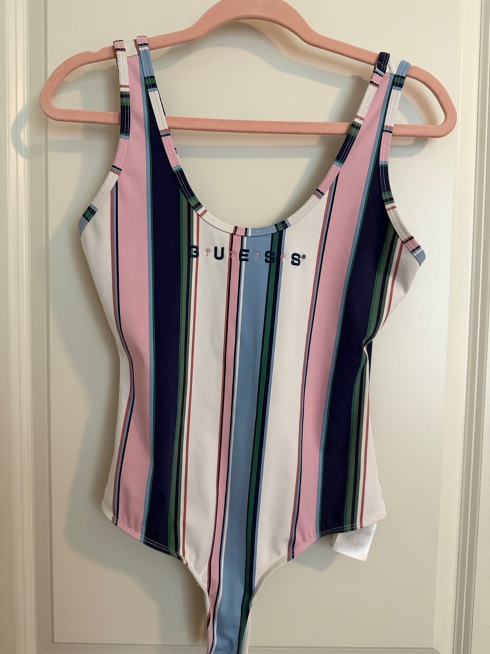 GUESS Striped Logo Bodysuit Pink Blue White Vertical Stripe Tank (S)
